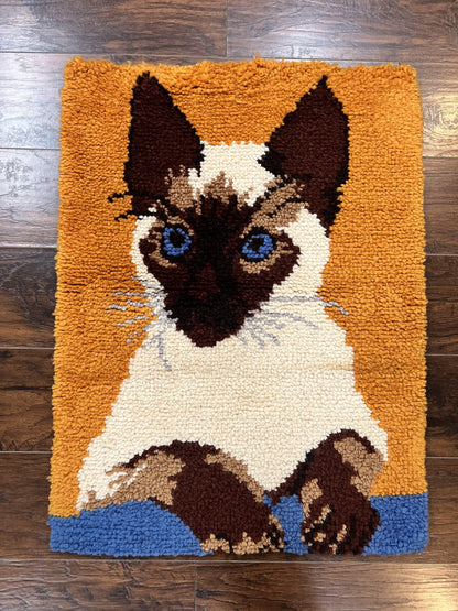 Small Shag Rug with Siamese Cat Pictorial, 2x3 ft Rug, Wool, Vintage, Danish Rya Shag Rug, Orange