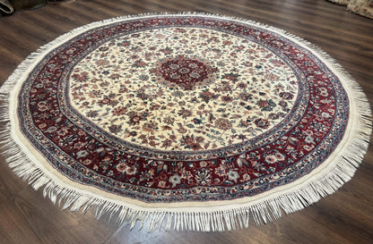 Sino Persian Round Rug 8x8 Wool And Silk Floral Medallion Ivory Red