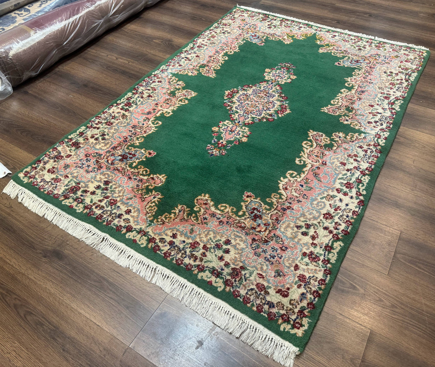 Green Persian Kerman Rug 4x6 Vintage Semi Open Field With Cream Borders