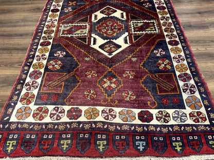 Turkish Kazak Rug 5x7 Geometric Hand Knotted Wool Semi Antique