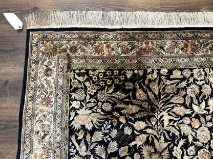 Silk Rug 4x6 Vintage Hand Knotted Tree of Life Black Cream Floral Bird Pictorial Sino Persian