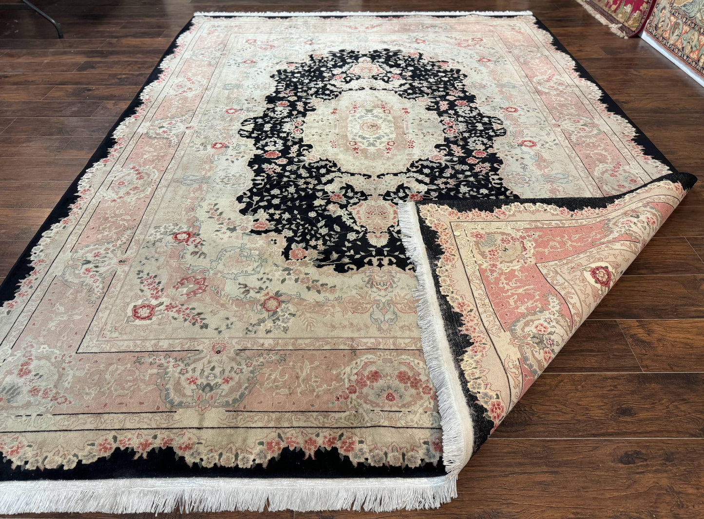 Pak Persian Tabriz Rug 8.6 x 11.6, Black Pink, Traditional Elegant Formal Oriental Carpet, Dining Room Rug, Fine 225 KPSI