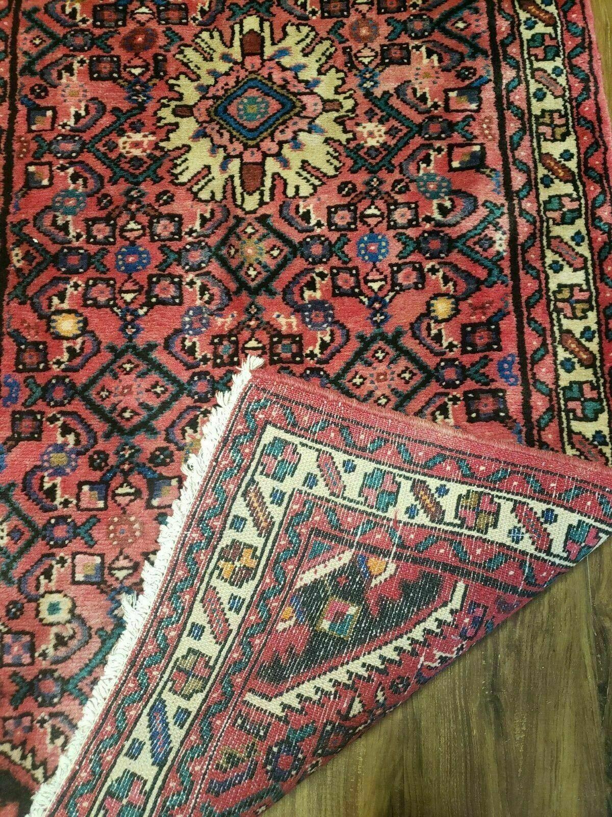 Persian Hamadan Runner Rug 2ft 8in X 13ft 9in Vintage Handmade Wool Red