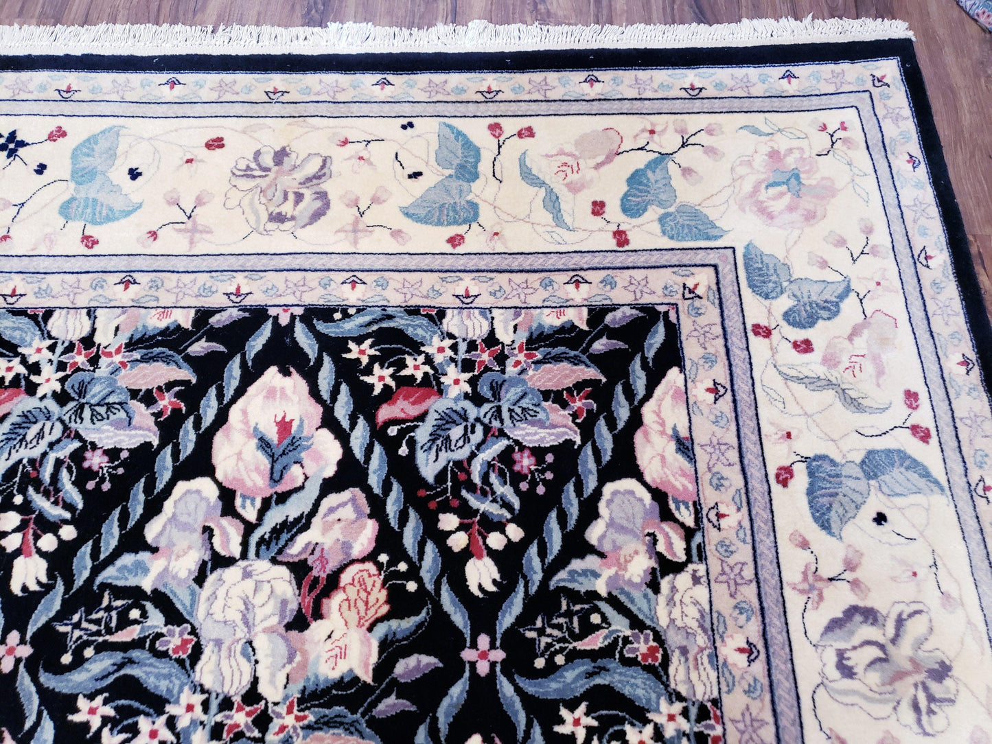 Black Kirman Rug, 8x11 - 9x12 Rug, Sino-Persian Rug, Floral Oriental Carpet, Handmade Rug, Black and Ivory Rug, Room Sized Area Rug, Wool