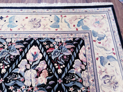 Black Kirman Rug, 8x11 - 9x12 Rug, Sino-Persian Rug, Floral Oriental Carpet, Handmade Rug, Black and Ivory Rug, Room Sized Area Rug, Wool