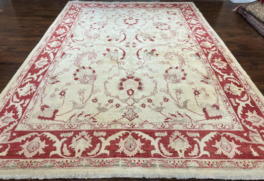 Peshawar Rug 8x12 Pakistani Carpet, Oriental Rug 8 x 12 Chobi Rug, Beige and Red, Allover Large Floral Design, Hand Knotted Vintage Wool