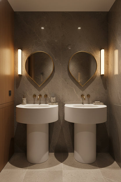 Pair of teardrop brass mirrors above double pedestal sinks