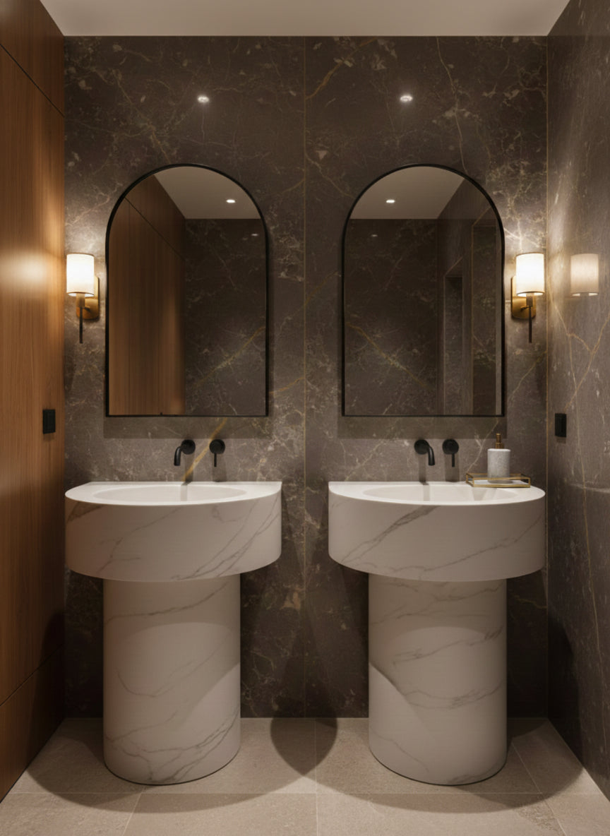 Italian arch brass mirror in double vanity bathroom