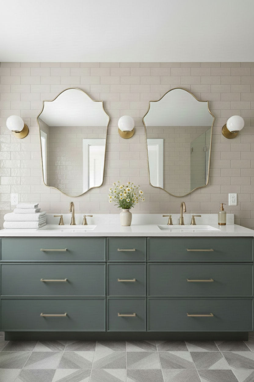 Pair of shield-shaped brass mirrors over double bathroom vanity