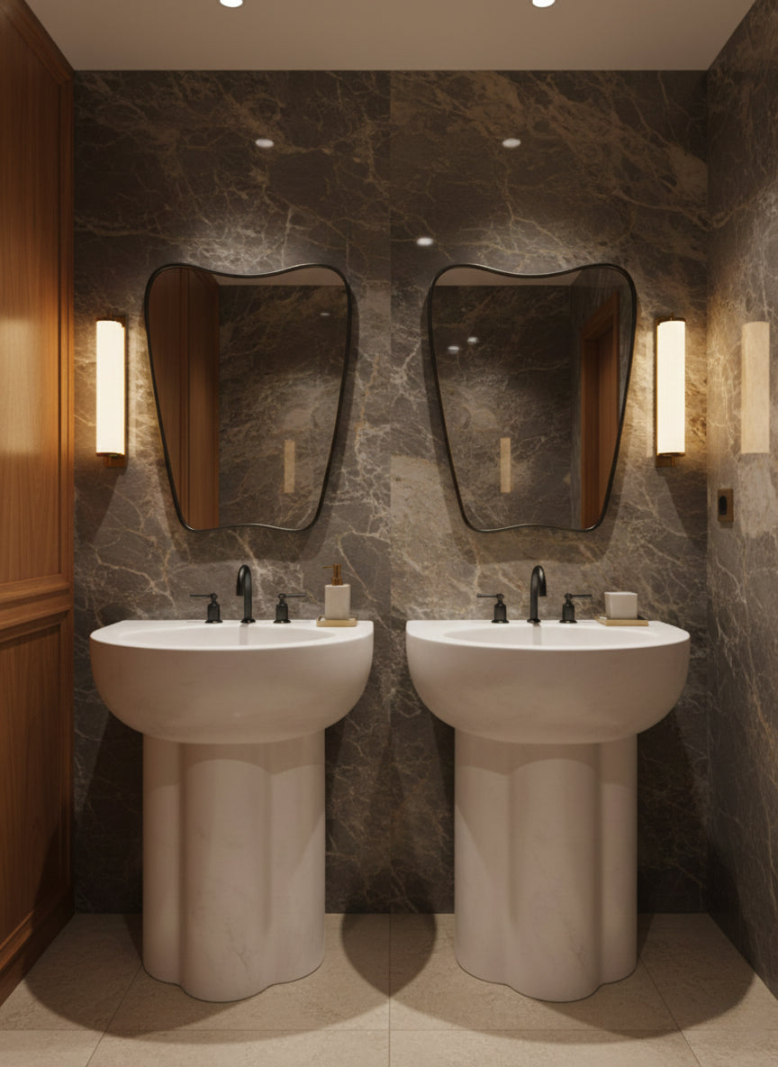 Set of organic black mirrors above pedestal sinks in marble bathroom.