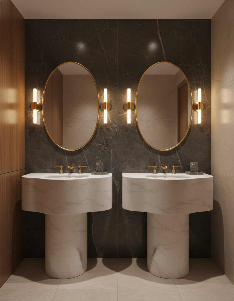Oval brass mirrors above double bathroom sinks