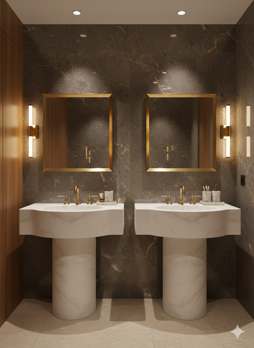 Gold square brass mirror above double bathroom sinks