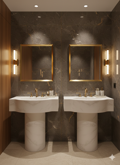Gold square brass mirror above double bathroom sinks