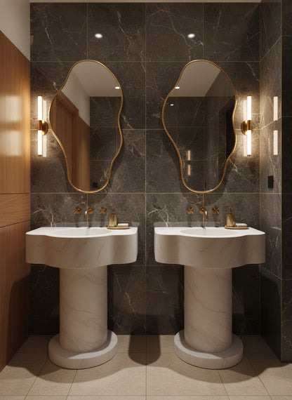 Asymmetrical brass mirrors in modern double sink bathroom

