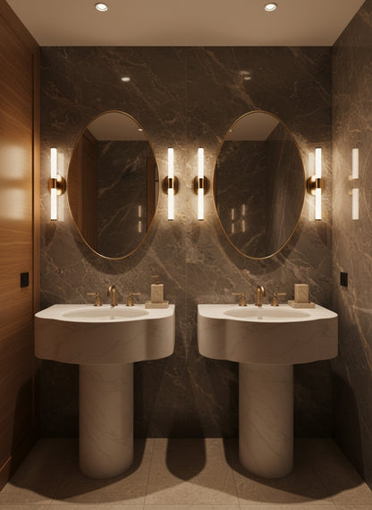 Two oval brass mirrors above pedestal sinks in a dark marble luxury bathroom.