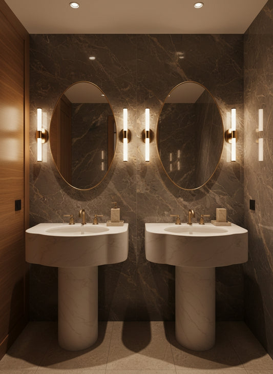 Two oval brass mirrors above pedestal sinks in a dark marble luxury bathroom.