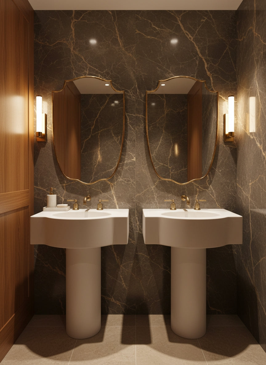 Double brass shield mirrors above pedestal sinks.