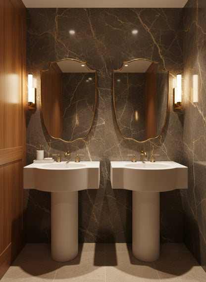 Double brass shield mirrors above pedestal sinks.