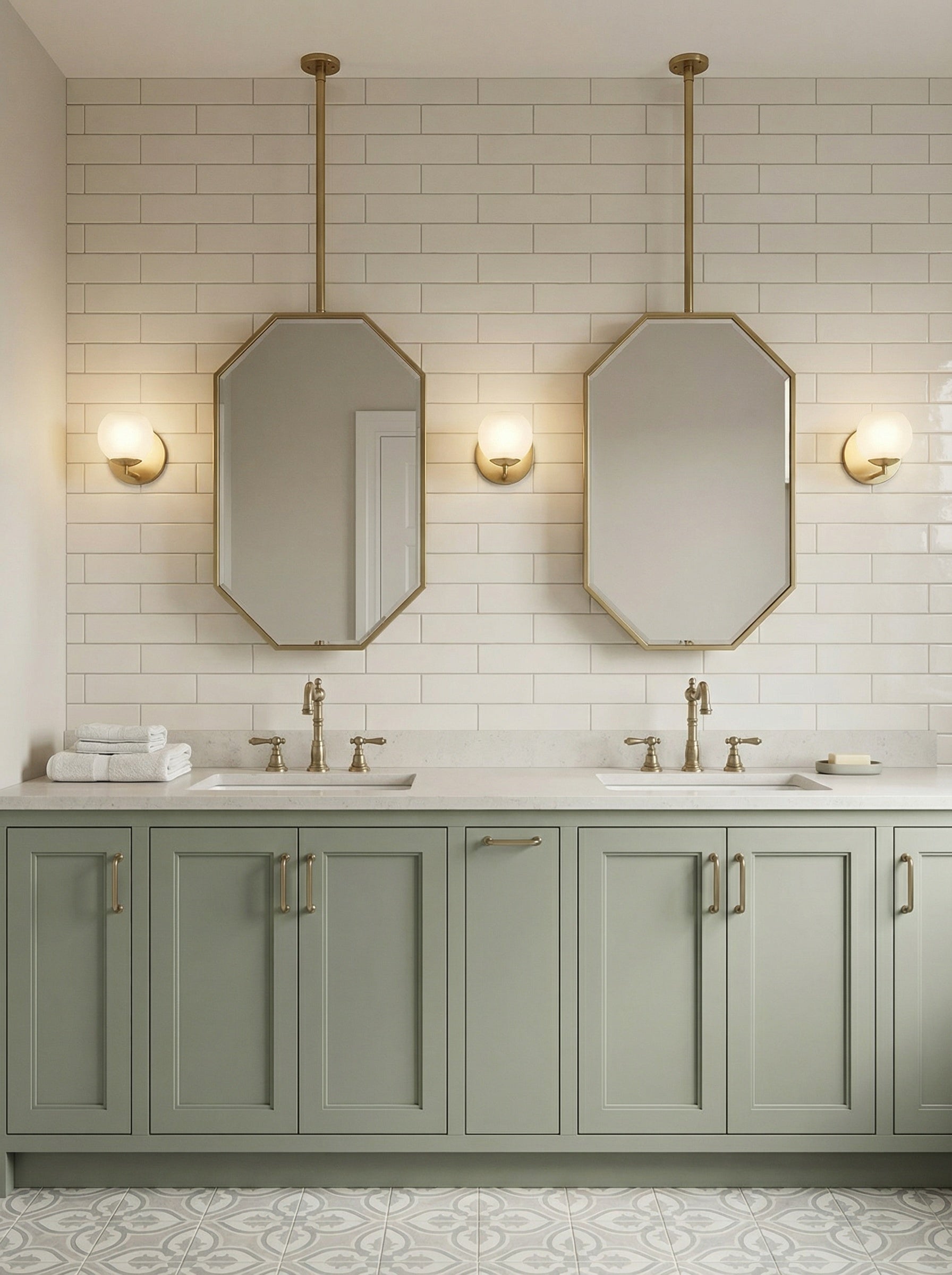Suspended octagonal brass mirror above double green vanity in modern bathroom
