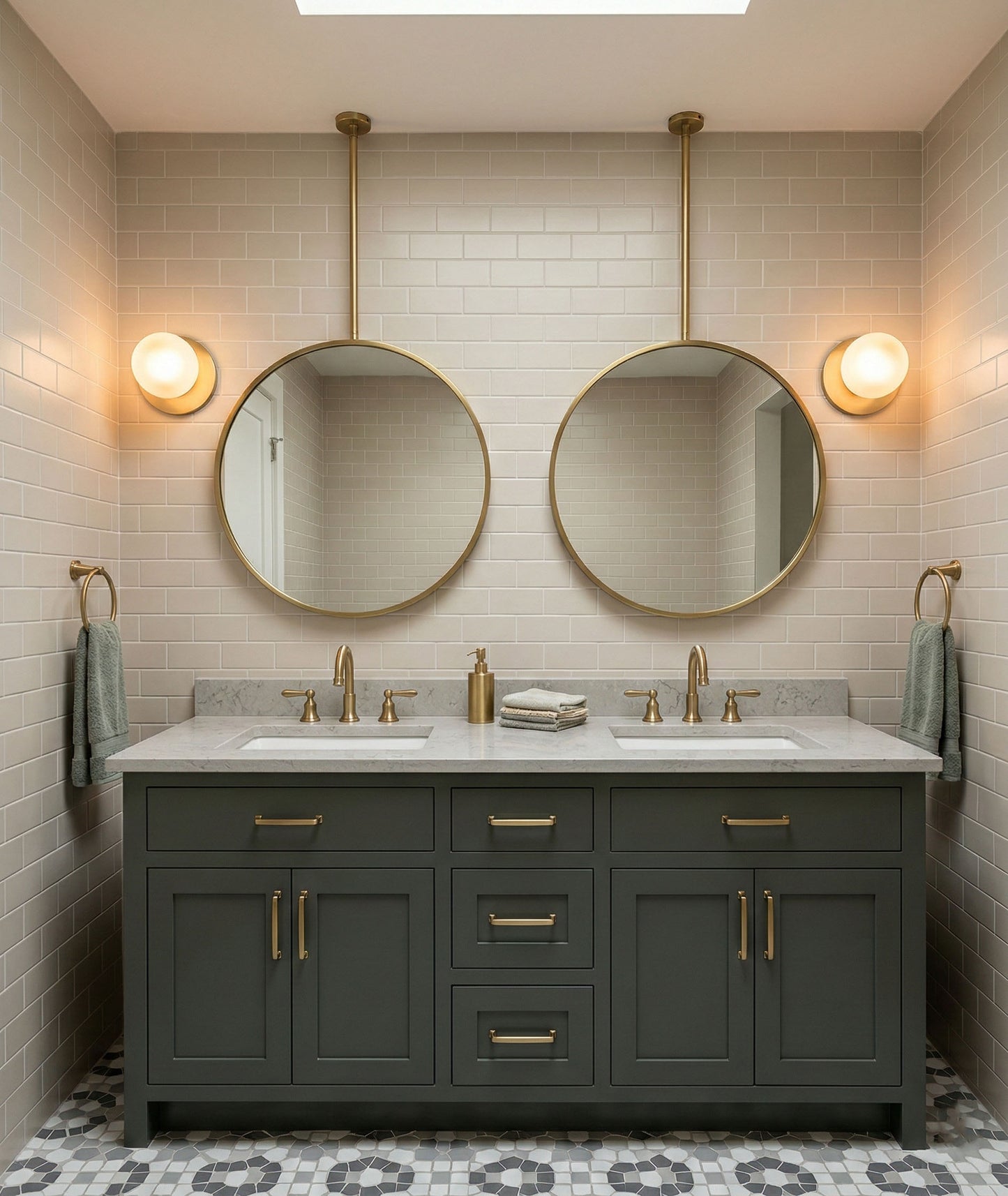 Double suspended round mirrors with brass frames in modern bathroom