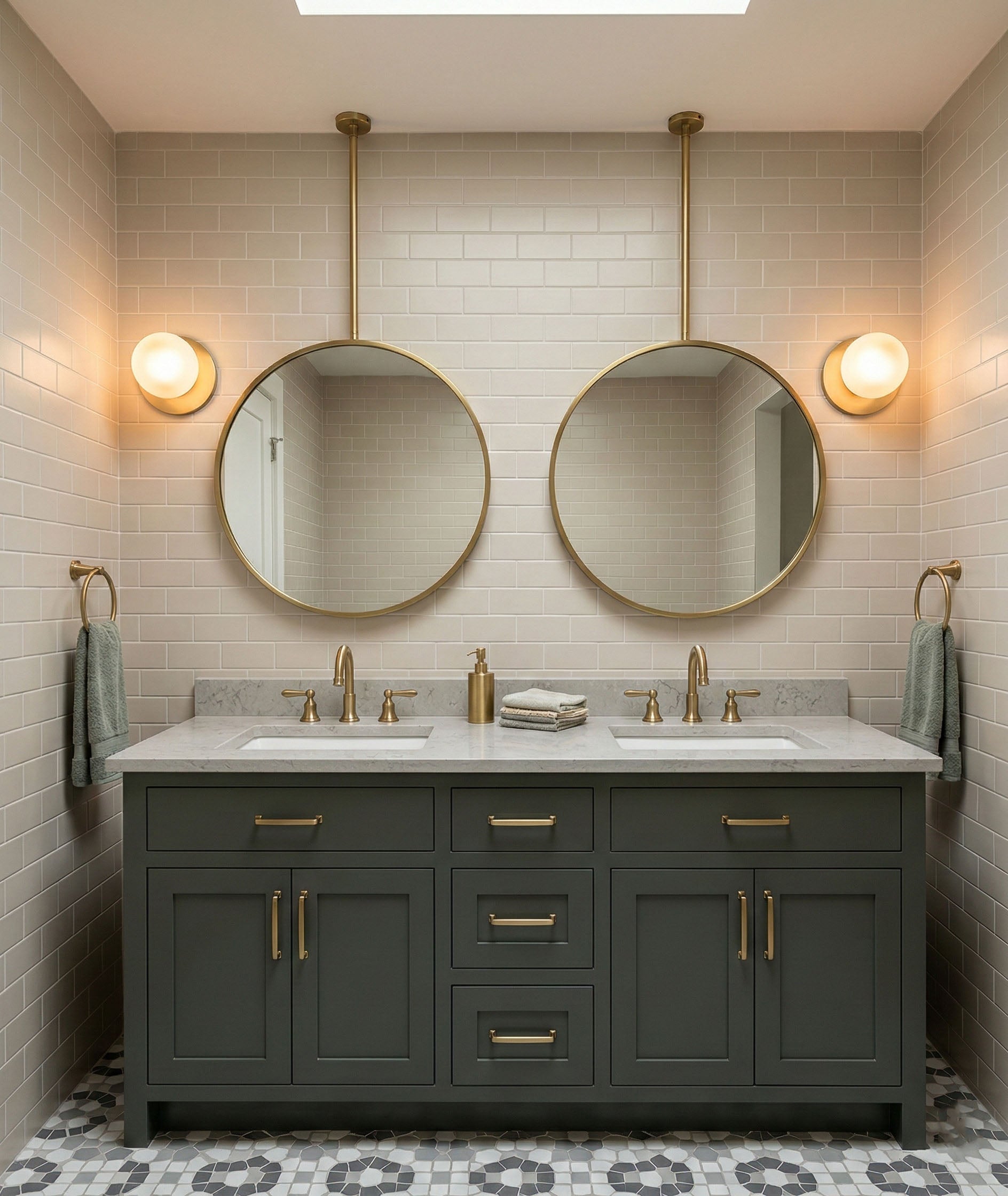 Double suspended round mirrors with brass frames in modern bathroom