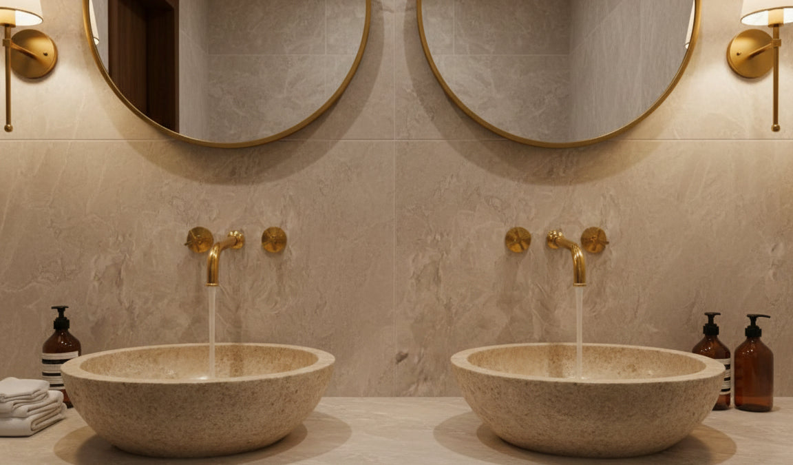 Double stone vessel sinks with brass wall faucets and round mirrors