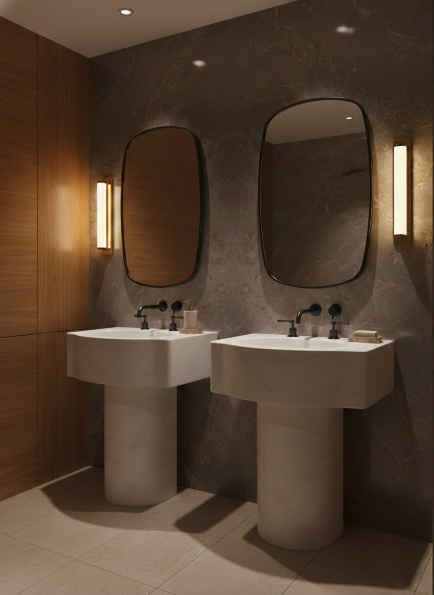 Brass mirrors in double vanity bathroom