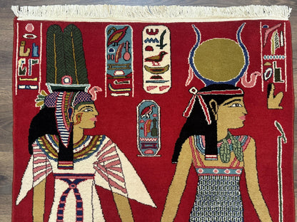 Egyptian Pictorial Rug 3x4, Hieroglyphic Pictorial Rug, Egyptian Prince and Princess, Cleopatra, Vintage Handmade, Red