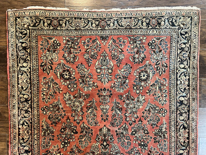 Antique Persian Sarouk Rug 4x7, Hand Knotted Wool Red Persian Carpet, Floral, Fine 300 KPSI