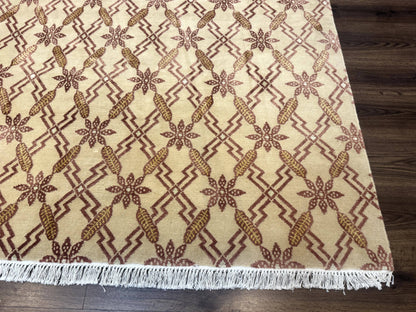 Tibetan Rug 8x10 Wool Silk Highlights Contemporary Carpet Beige And Maroon