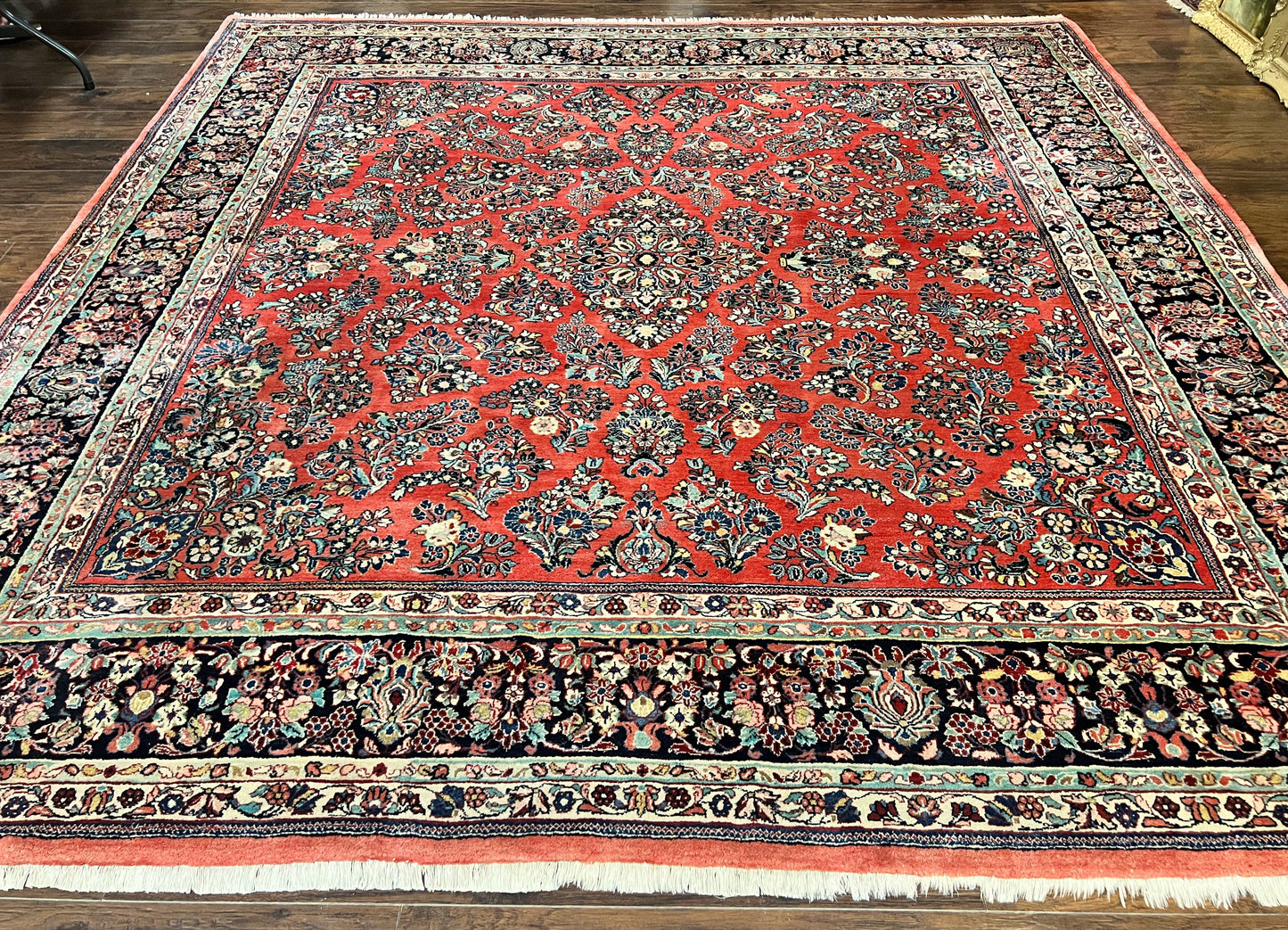 Persian Sarouk Rug Square 11x11 ft Hand Knotted Wool Floral Red Carpet Handmade Antique Rug