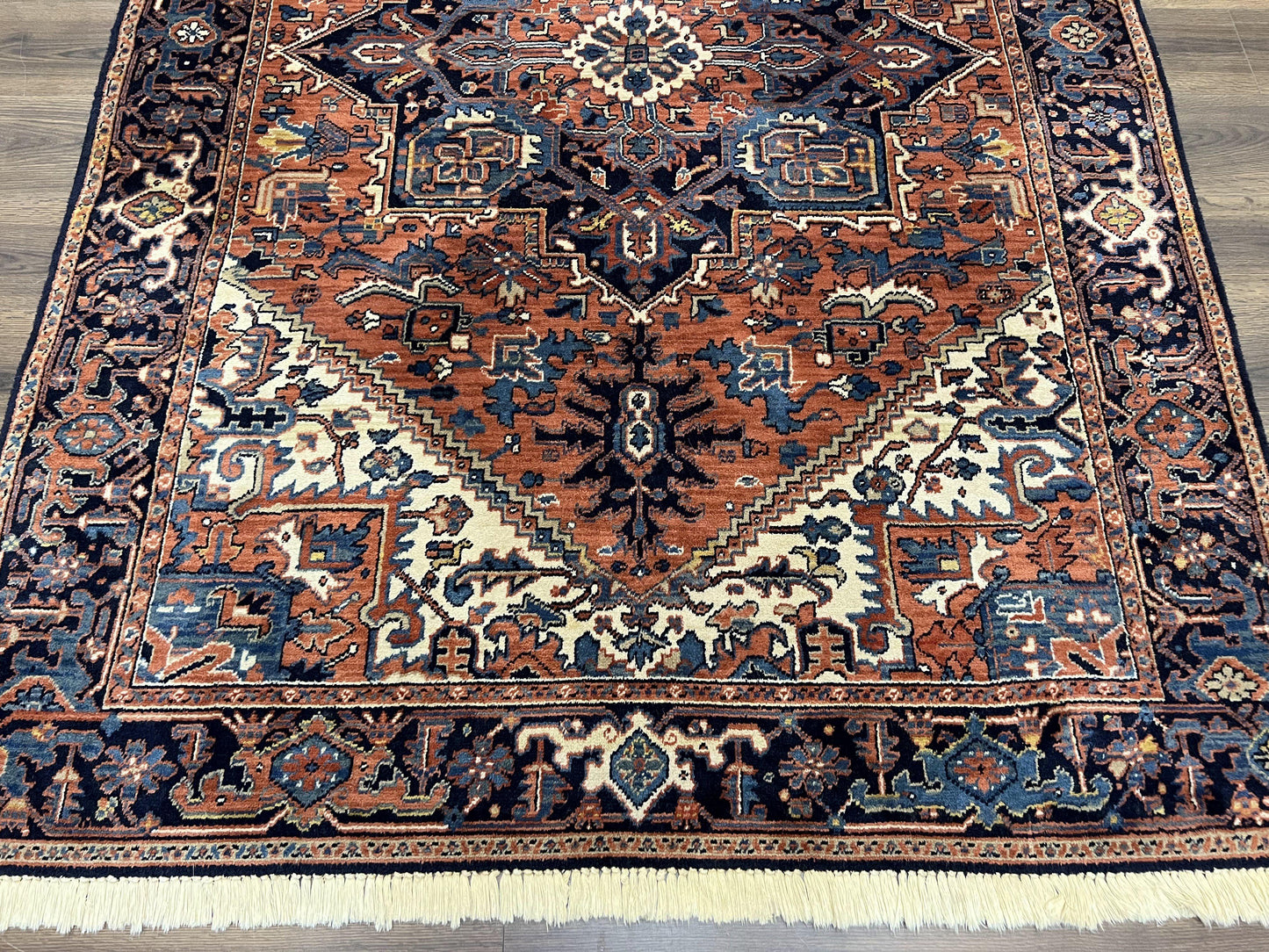 Heriz Rug 5.6 x 8, Geometric Medallion, Wool Oriental Carpet, Tribal Boho Rug, Red Navy Blue Cream, Belgium Power Loomed Rug, Medium Sized