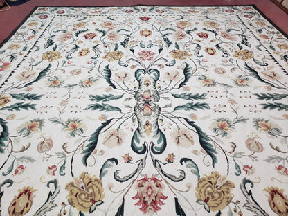 New Needlepoint Rug 9x12, Hand Woven Wool Area Rug, Flatweave Carpet, Handmade Chinese Needlepoint, Floral European Design, Ivory Background