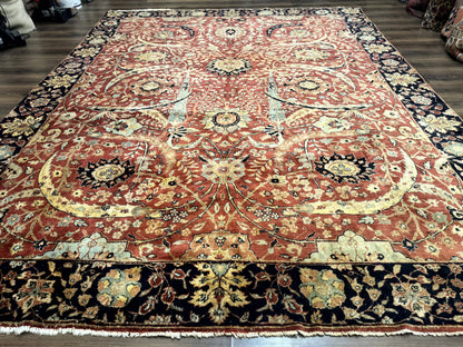 Indian Agra Rug 9x11, Terracotta and Navy Blue, Sickle Leaf Rug