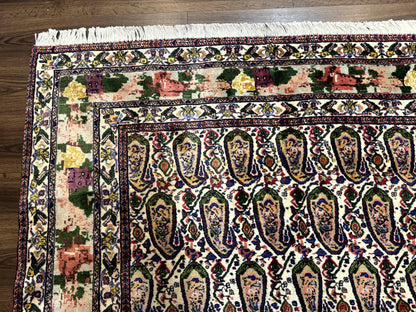 Persian Rug 8x11, Boteh Design, Repeated Paisleys, Persian Kurdish Rug, Bird Pictorials, Rare Antique Persian Kurdish Sannadaji Carpet