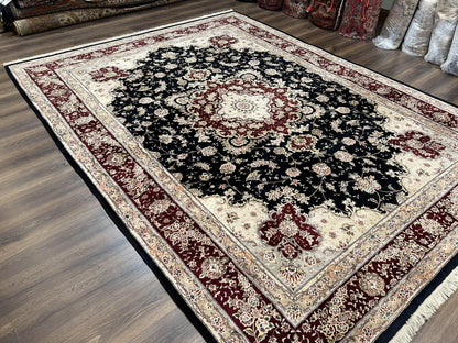 Pak Persian Rug 8.8 x 10.6, Floral Medallion, Wool and Silk Hand Knotted Fine Oriental Carpet, Elegant Rug, Black Gray Burgundy, Room Sized