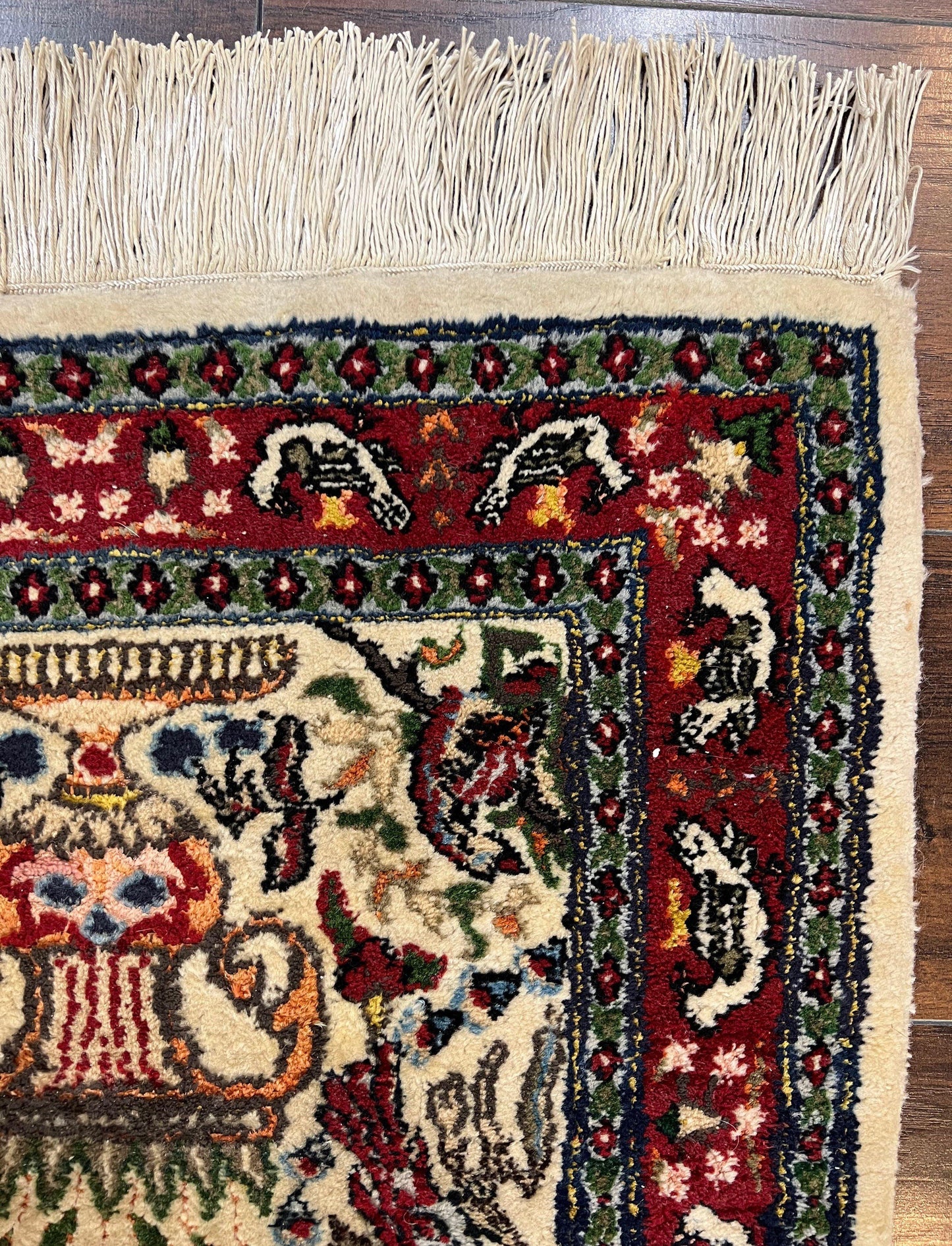 Small Indo Persian Rug 2x3 ft, Wool with Silk Highlights, Animal Pictorial Motifs Birds Vase Flowers, Cream and Maroon, Hand Knotted Fine
