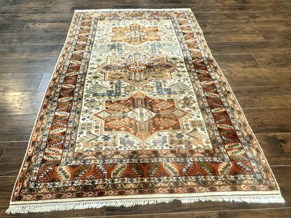 Turkish Kazak Rug 4x6 Geometric Medallions Vintage Hand Knotted Wool Carpet