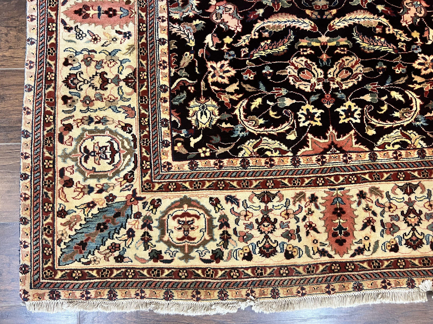 Indo Persian Rug 5x15, Wide Runner Rug 5 x 15 ft, Wool Hand Knotted Vintage Carpet, Black & Cream, Floral Allover Long Oriental Rug