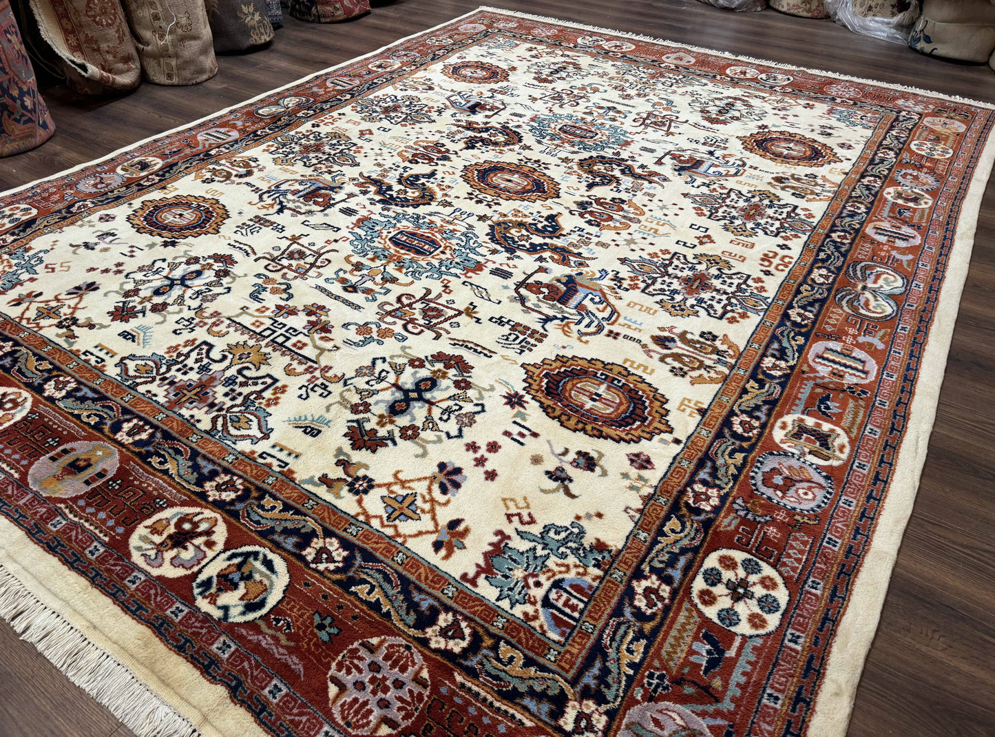 Indo Chinese Wool Rug 9x12 Ivory And Rust Red Dragon Motifs Hand Knotted