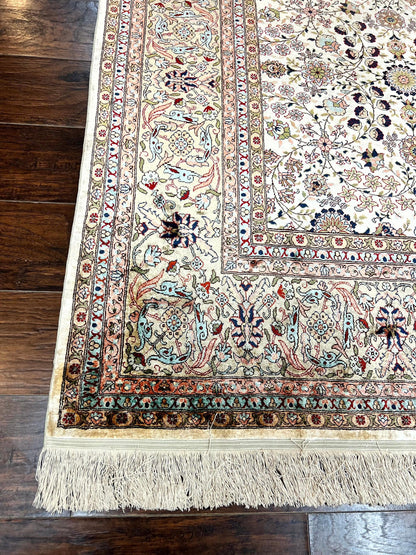 Hereke Silk Rug Vintage 8x12 Handmade Ivory Cream Floral Pattern Pile