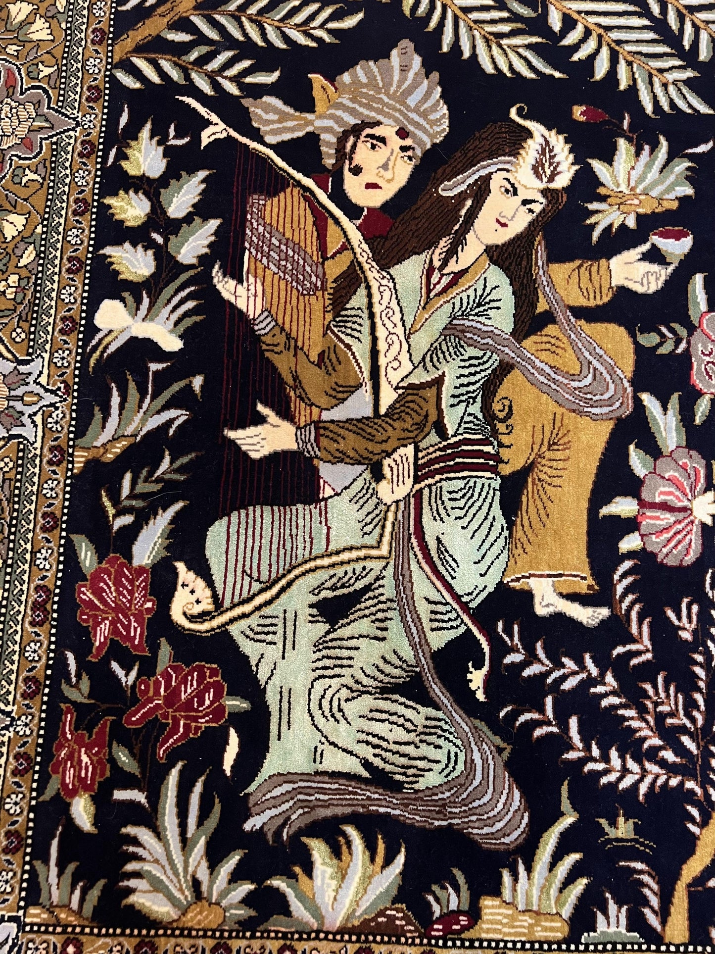 Persian Qum Pictorial Rug With Layla Majnun Birds In Garden Scene 4.8 By 6.5