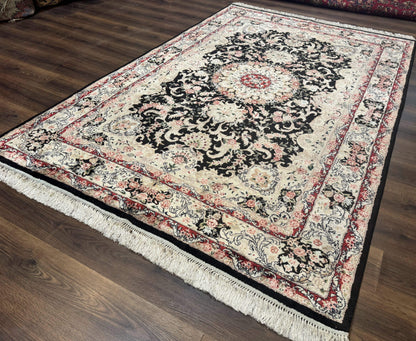Indian Kashmiri Silk Rug, Floral Medallion, Vintage Hand Knotted Carpet