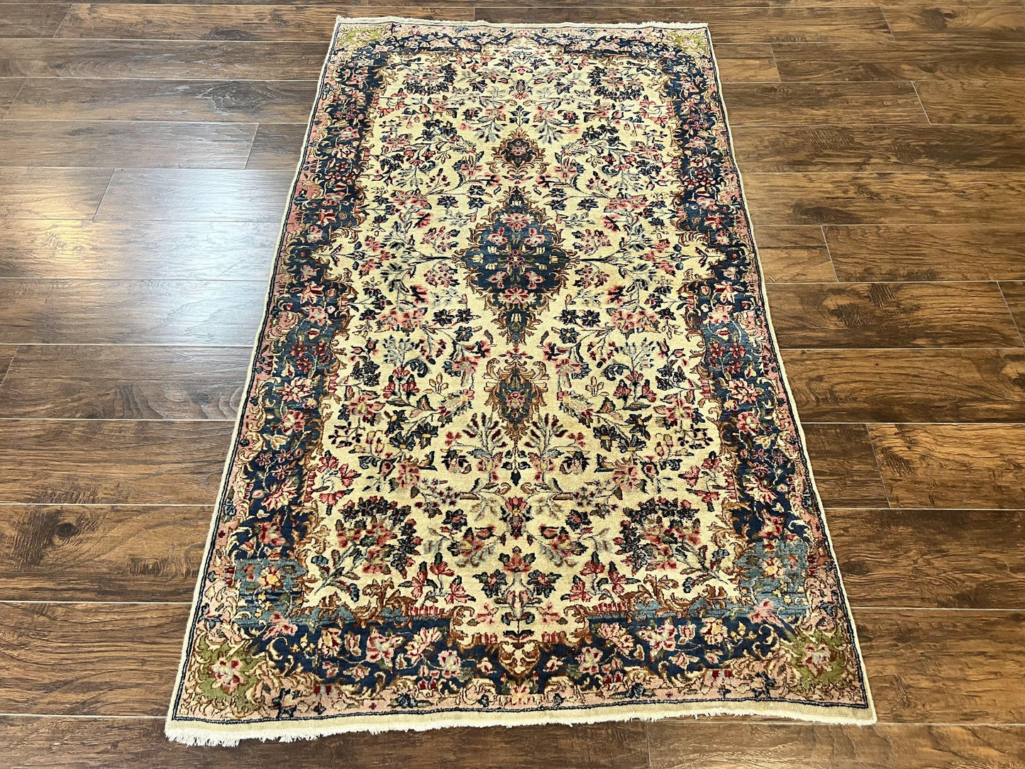 Antique Persian Kirman Rug 4x7 Hand Knotted Wool Floral Carpet Cream And Navy