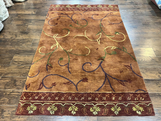Vintage Hand Tufted Wool Silk Rug 5x8 Rust And Maroon Area Carpet