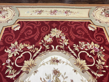 Large Aubusson Rug 10x14, Wool Handmade Vintage Carpet, Dark Red Ivory Tan, French European Elegant Aubusson Weave Rug