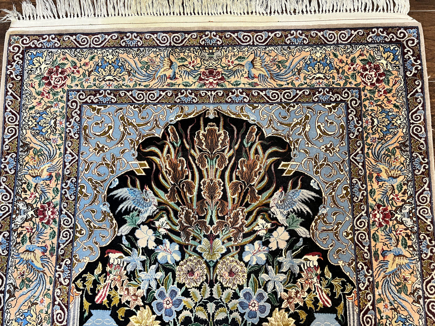 Persian Isfahan Rug 3.7x5 Kork Wool On Silk Tree Of Life Vase Peacocks Very Fine 460 KPSI