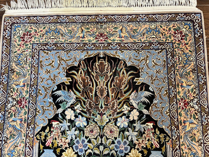 Persian Isfahan Rug 3.7x5 Kork Wool On Silk Tree Of Life Vase Peacocks Very Fine 460 KPSI
