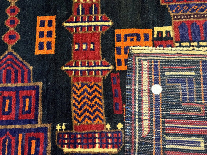 Balouch Rug 3x5 City Pictorial Afghan Hand Knotted Wool Area Rug