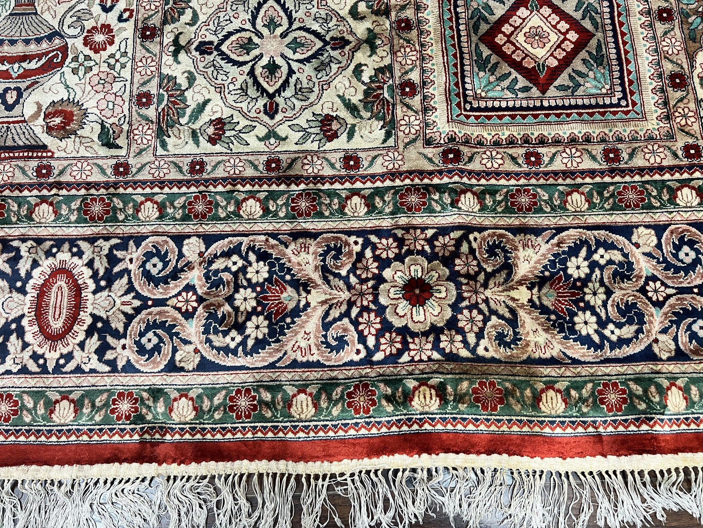 Silk Sino Persian Rug 9x12, Panel Design, Garden of Eden Pattern, Fine 200 KPSI, Hand Knotted Room Sized Silk Carpet, Vintage